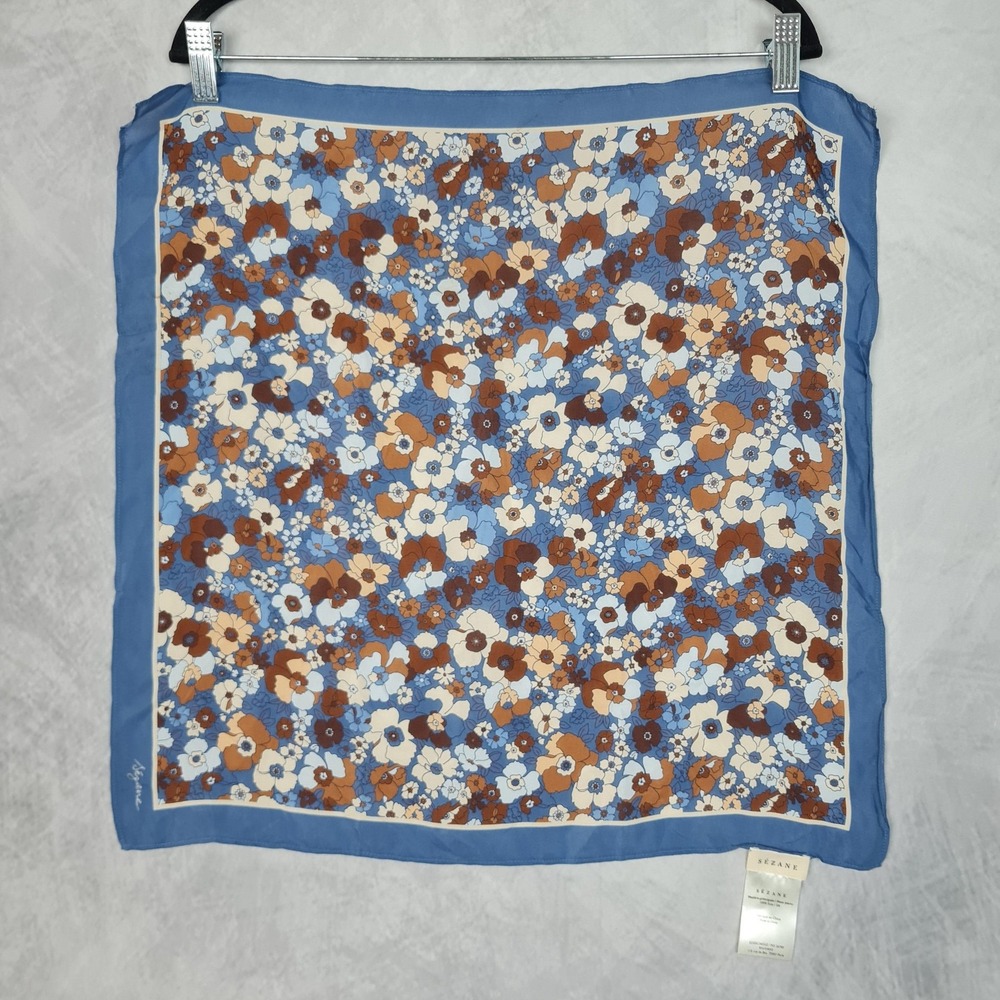 Sézane Scarf Womens One Size Blue Floral Silk Square Retro Neck Bandana